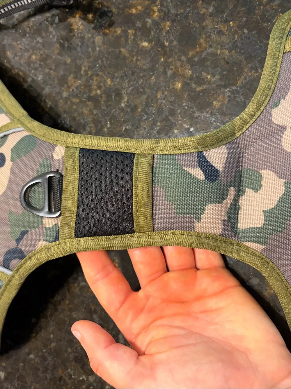 Camo Padded Dog Harness - Olive Trim